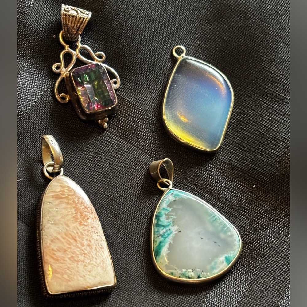 4 Sterling silver Pendants - mystic topaz, Opalite, Chrysalcola and Moonstone?
